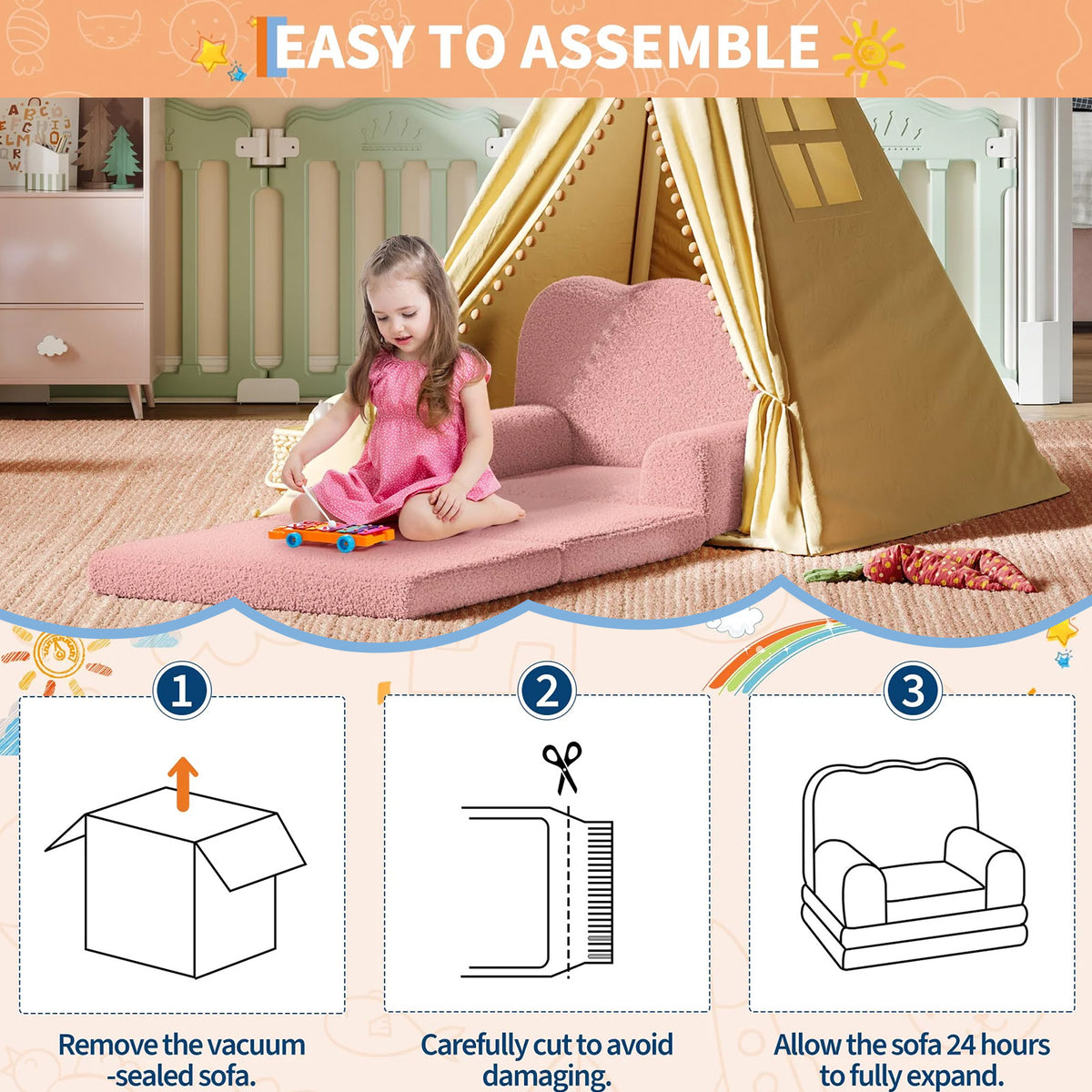GARVEE Kindersofa 2-in-1 ausklappbar, Kinder-Sessel und Liege mit Sherpa-Bezug, waschbar, bis 68 kg, Rosa