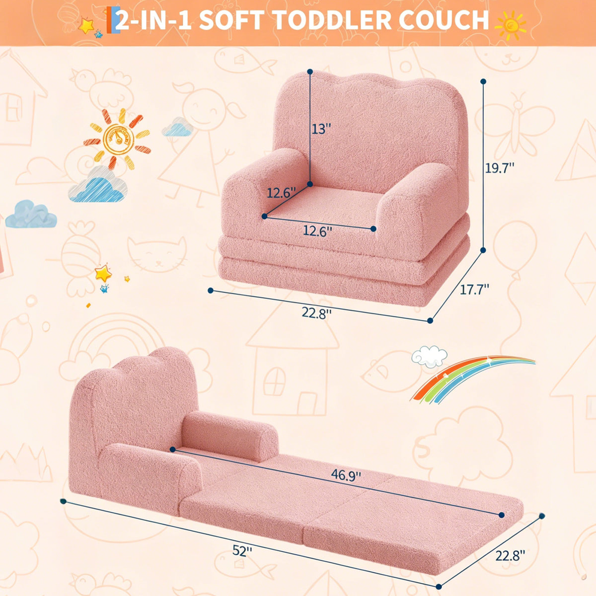 GARVEE Kindersofa 2-in-1 ausklappbar, Kinder-Sessel und Liege mit Sherpa-Bezug, waschbar, bis 68 kg, Rosa