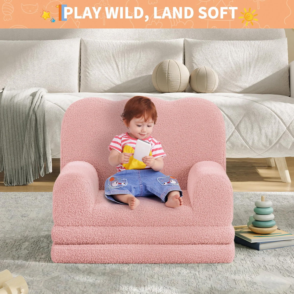 GARVEE Kindersofa 2-in-1 ausklappbar, Kinder-Sessel und Liege mit Sherpa-Bezug, waschbar, bis 68 kg, Rosa