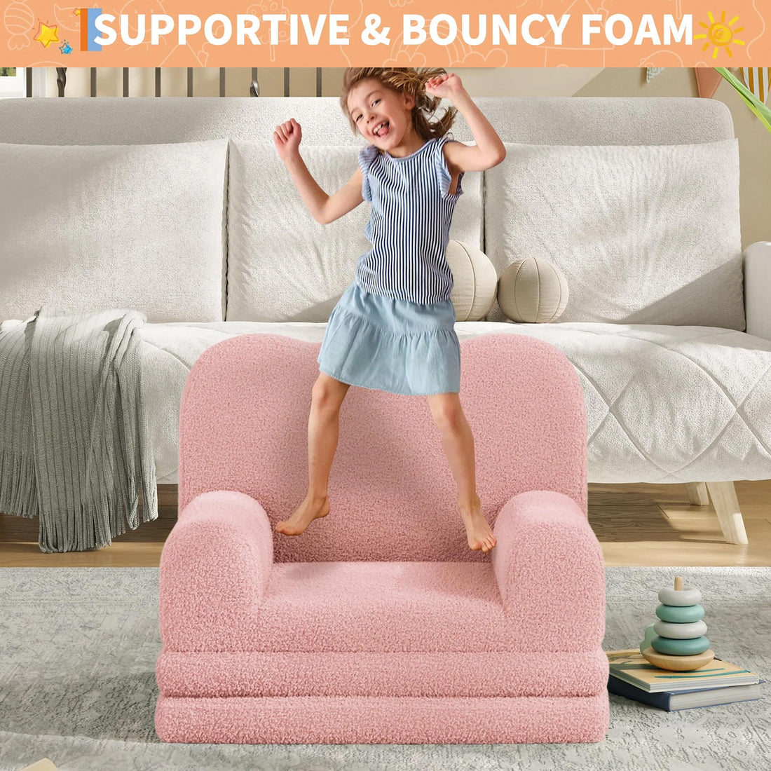 GARVEE Kindersofa 2-in-1 ausklappbar, Kinder-Sessel und Liege mit Sherpa-Bezug, waschbar, bis 68 kg, Rosa
