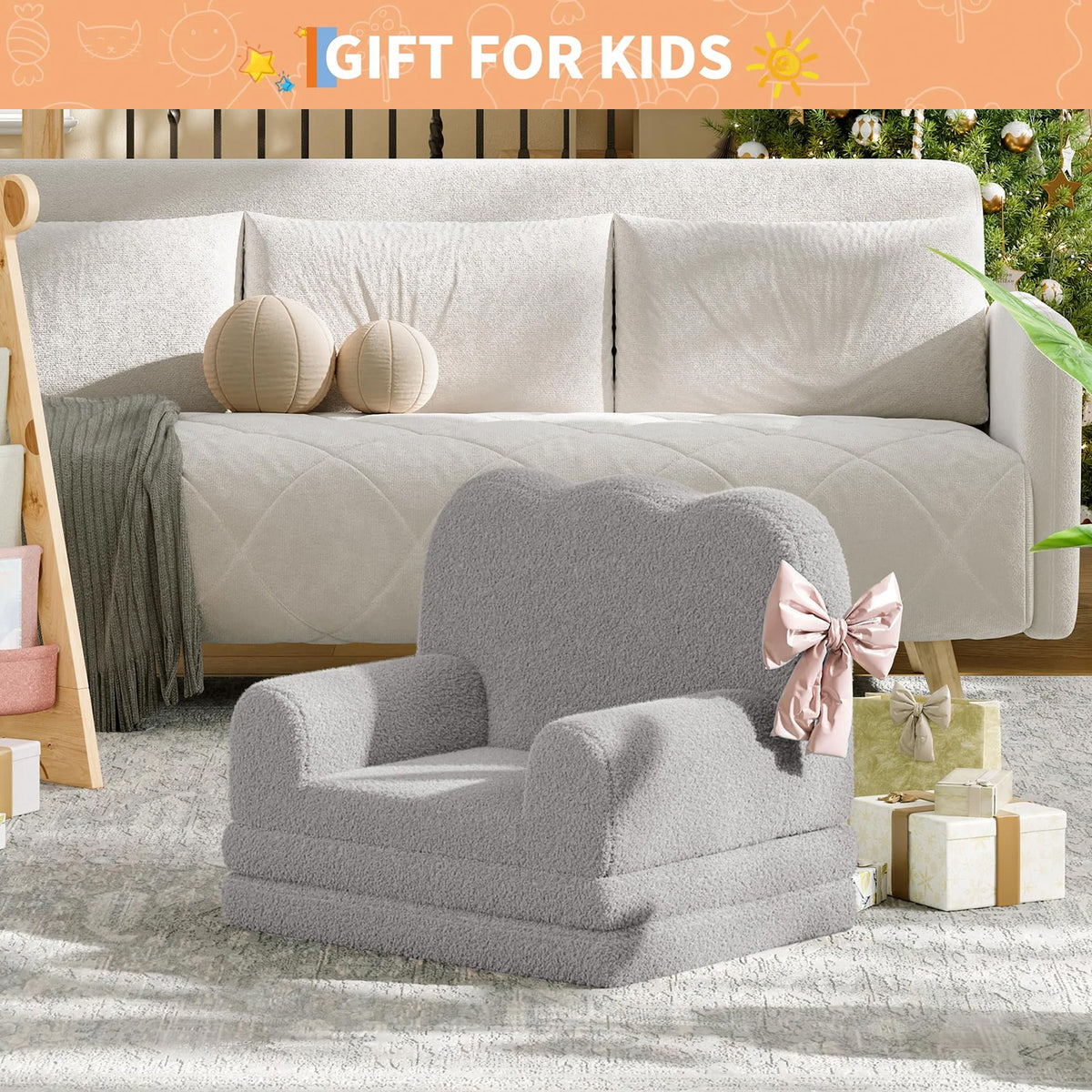 GARVEE Kindersofa 2-in-1 ausklappbar, Kinder-Sessel und Liege mit weichem Sherpa-Bezug, waschbar, bis 68 kg, Grau
