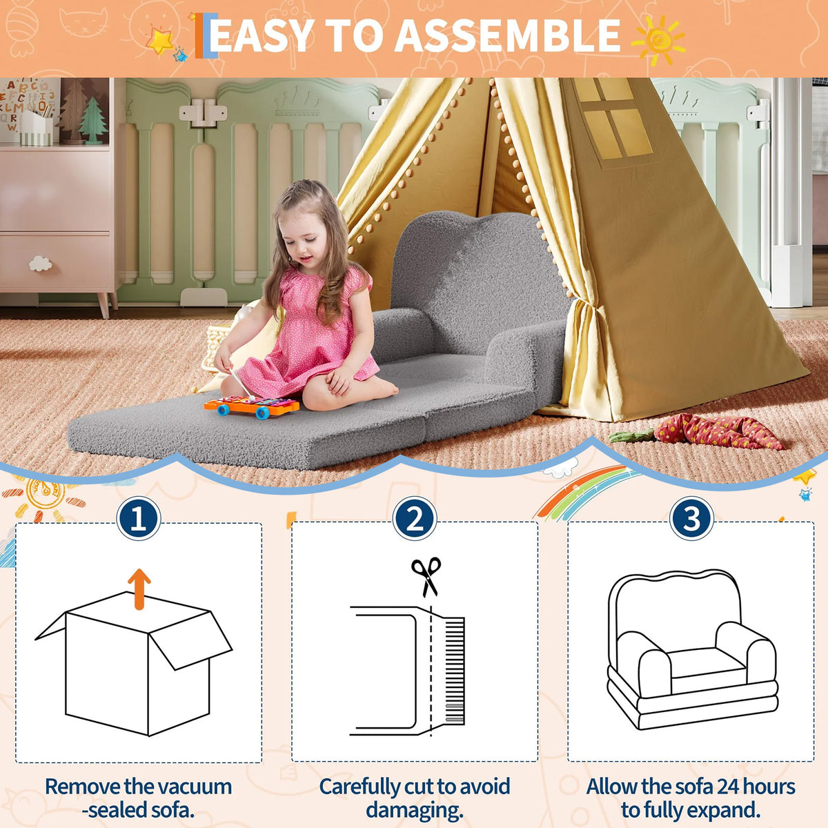 GARVEE Kindersofa 2-in-1 ausklappbar, Kinder-Sessel und Liege mit weichem Sherpa-Bezug, waschbar, bis 68 kg, Grau