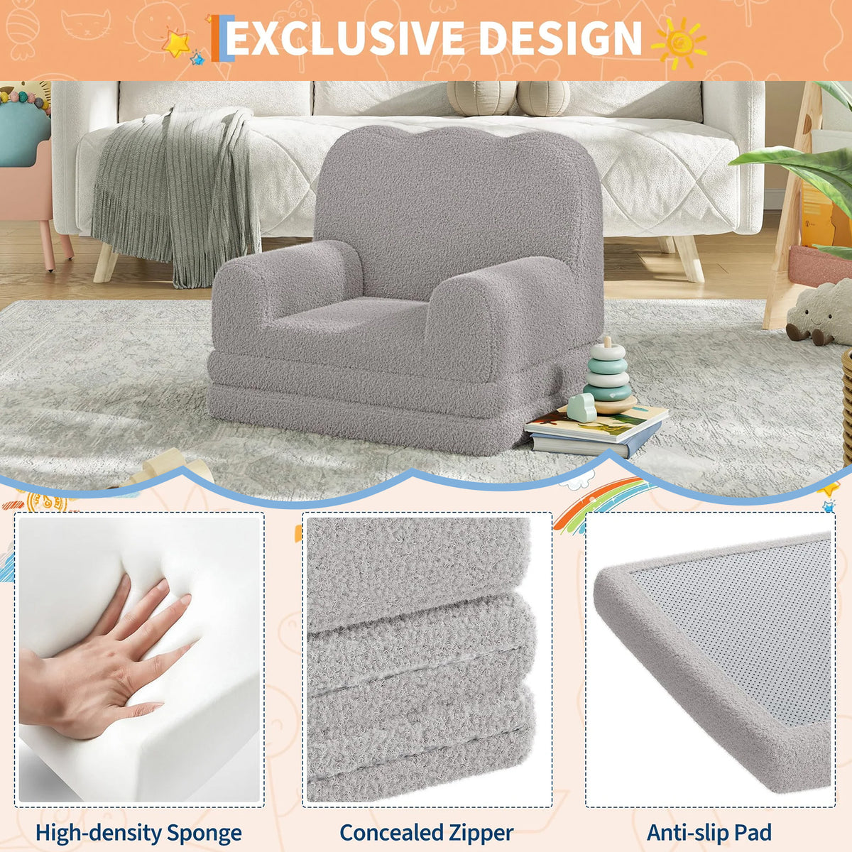 GARVEE Kindersofa 2-in-1 ausklappbar, Kinder-Sessel und Liege mit weichem Sherpa-Bezug, waschbar, bis 68 kg, Grau
