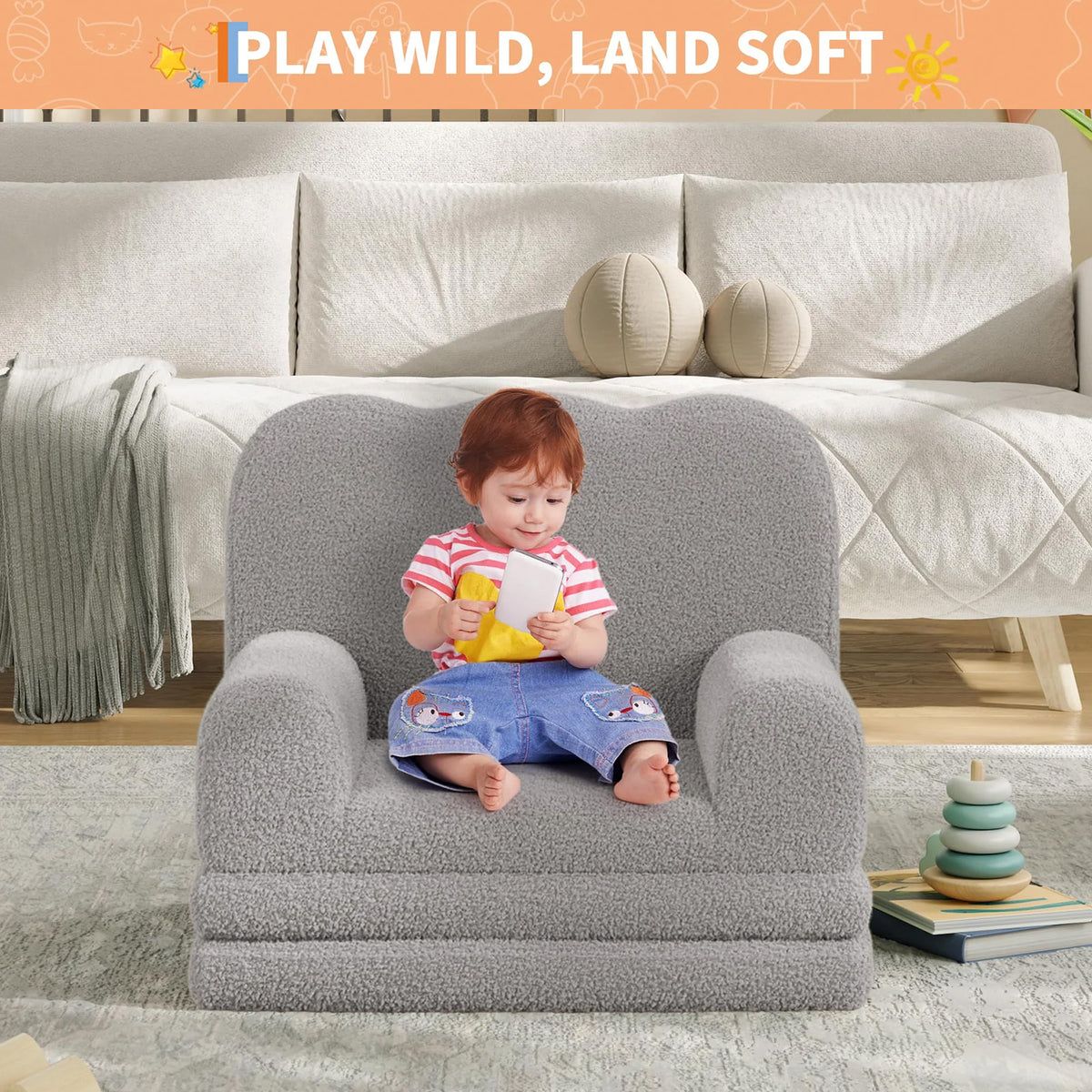 GARVEE Kindersofa 2-in-1 ausklappbar, Kinder-Sessel und Liege mit weichem Sherpa-Bezug, waschbar, bis 68 kg, Grau