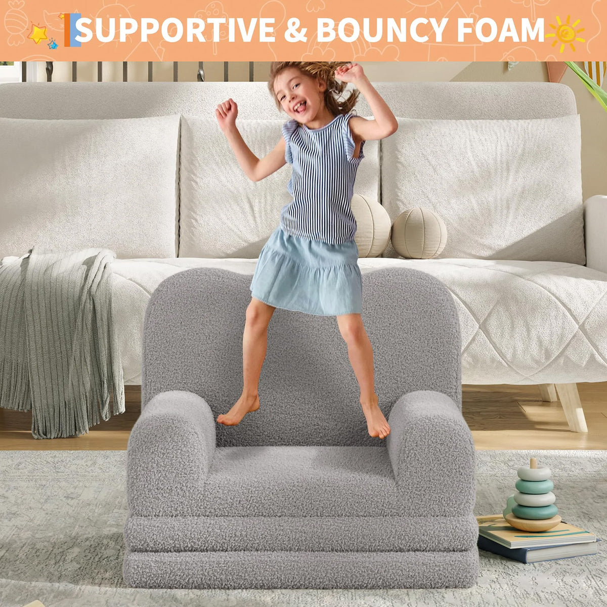 GARVEE Kindersofa 2-in-1 ausklappbar, Kinder-Sessel und Liege mit weichem Sherpa-Bezug, waschbar, bis 68 kg, Grau