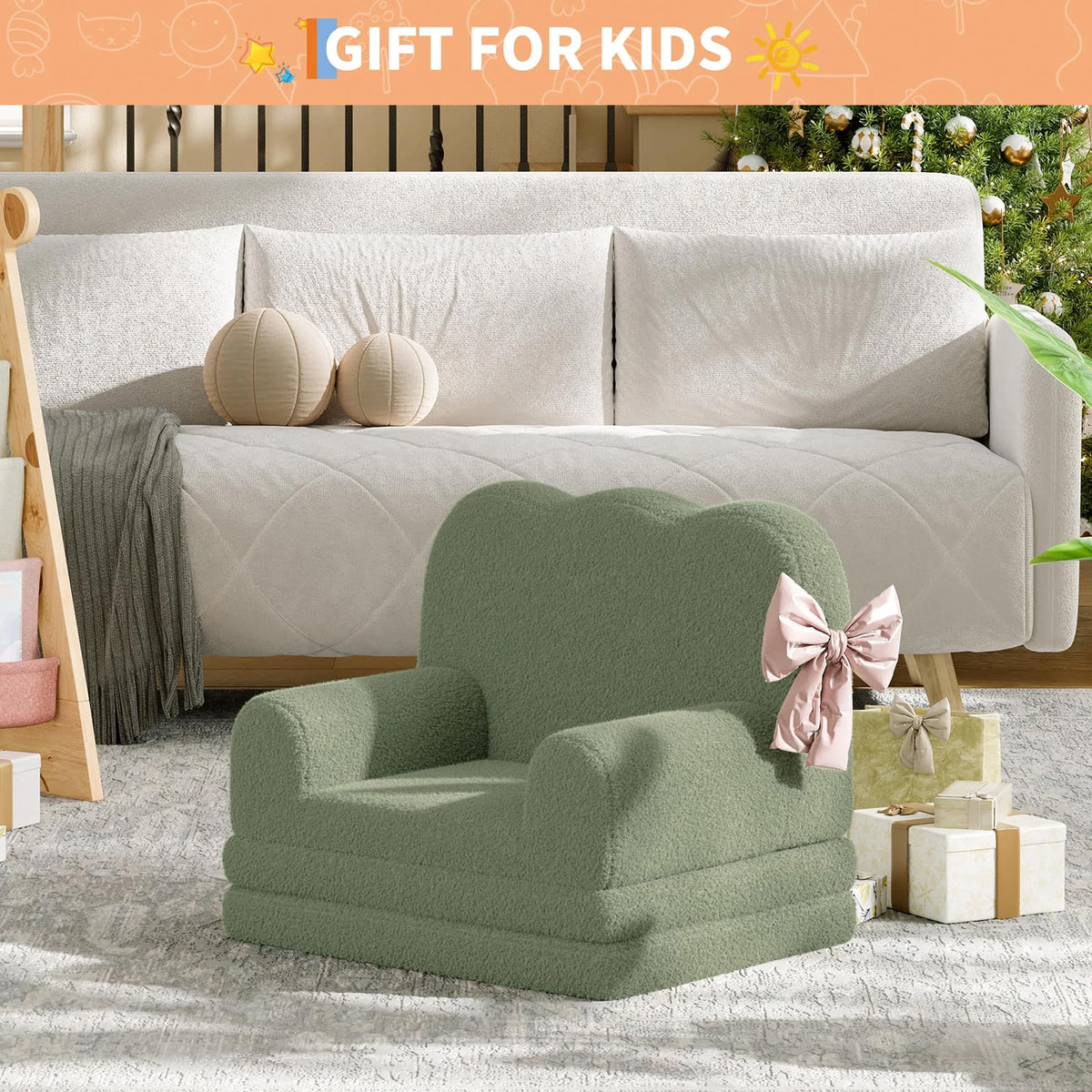 GARVEE Kindersofa 2-in-1 ausklappbar, Kinder-Sessel und Liege mit weichem Sherpa-Bezug, waschbar, bis 68 kg, Grün