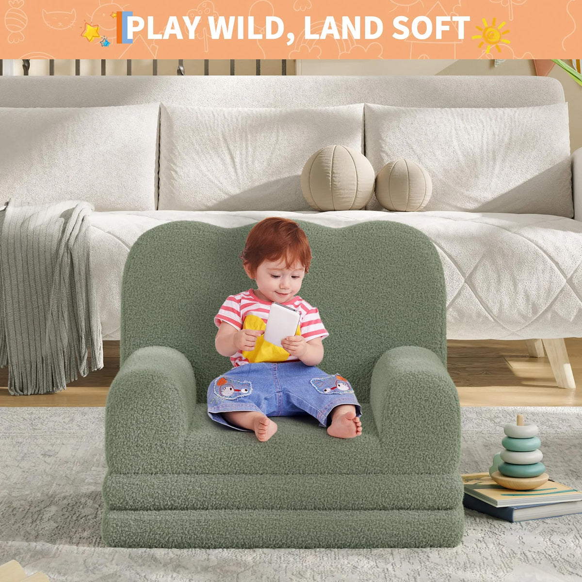 GARVEE Kindersofa 2-in-1 ausklappbar, Kinder-Sessel und Liege mit weichem Sherpa-Bezug, waschbar, bis 68 kg, Grün