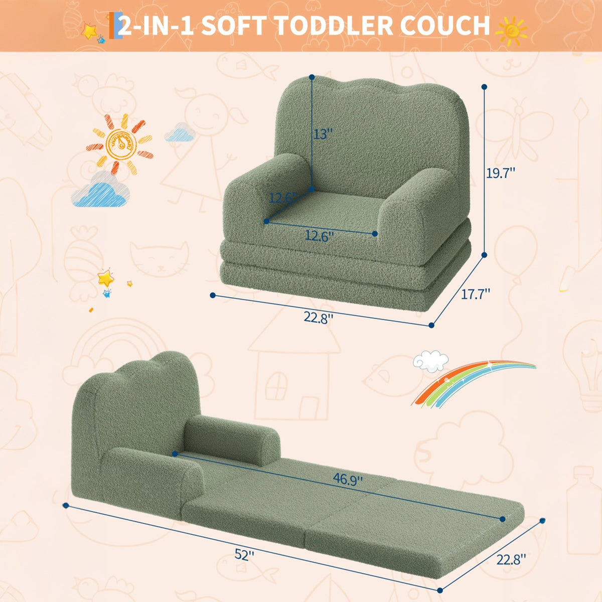 GARVEE Kindersofa 2-in-1 ausklappbar, Kinder-Sessel und Liege mit weichem Sherpa-Bezug, waschbar, bis 68 kg, Grün