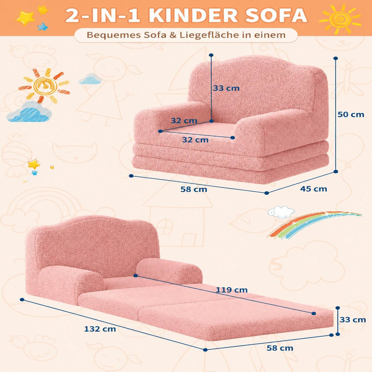 Garvee Kinder Couch 2-in-1 mit Sherpa-Bezug, Klappbar als Sofa & Lounger, Rosa mit Krone
