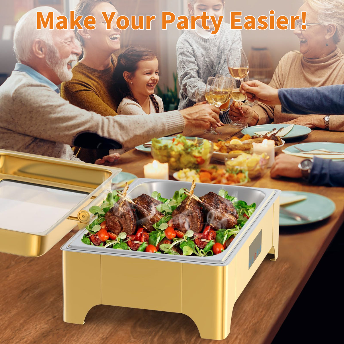 Garvee Chafing Dish 9 L aus Edelstahl mit Deckel, klappbarem Gestell und herausnehmbarem Behälter für Buffet, Catering, Hotel und Feiern, Gold