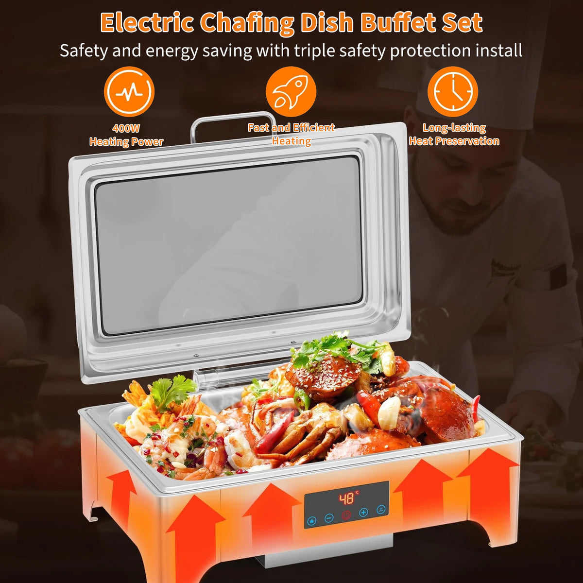 Garvee Chafing Dish 9 L aus Edelstahl mit Deckel, klappbarem Gestell und herausnehmbarem Behälter für Buffet, Catering, Hotel und Feiern, Silber