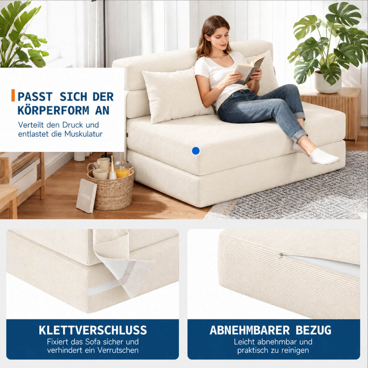 Garvee 4-in-1 Schlafsofa aus Cord, modulares Sofa mit Schlaffunktion, Chaiselongue, Schaumstoffpolsterung und integriertem Stauraum, für Wohnzimmer und Gästezimmer