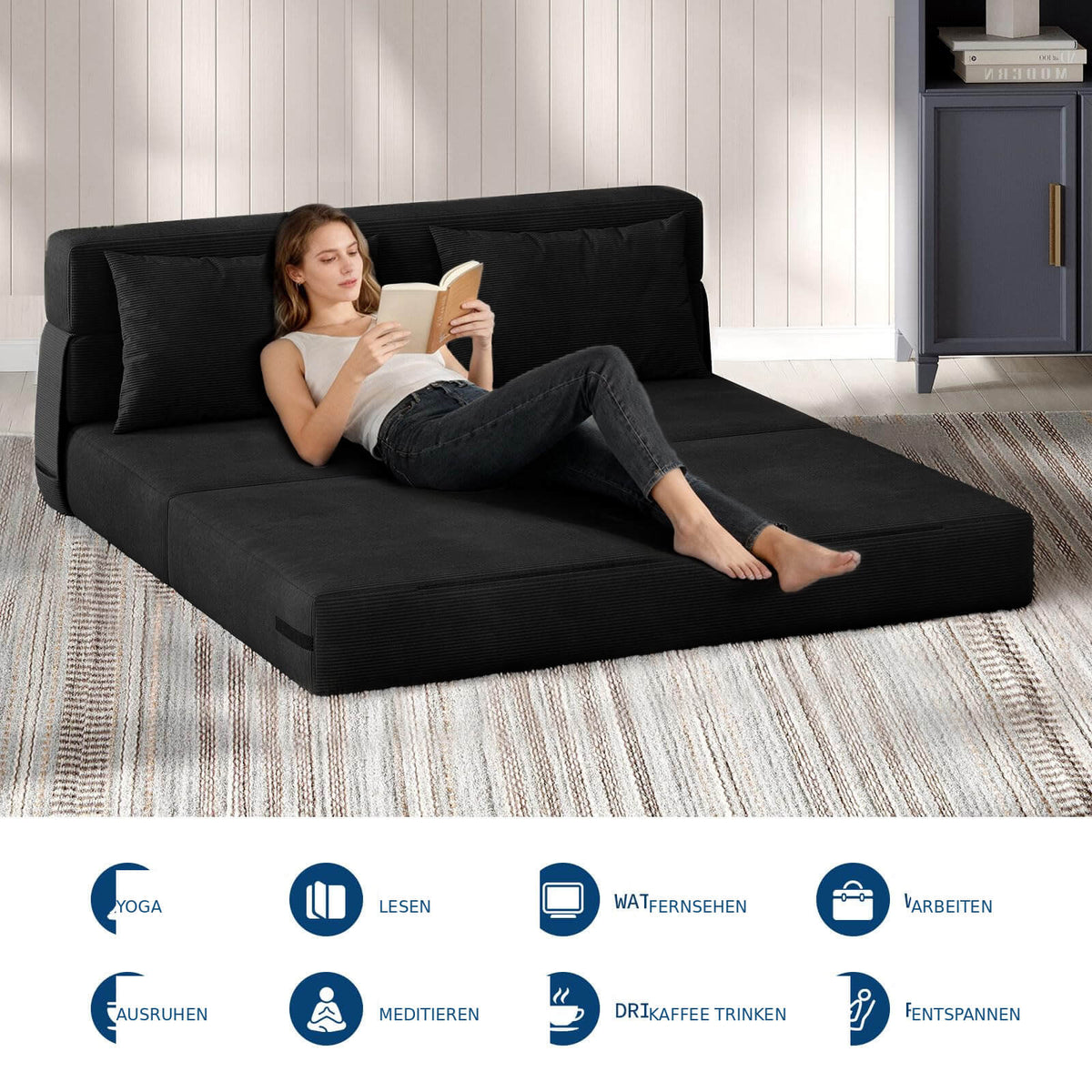 Garvee Schlafsofa aus Leinenstoff in Schwarz, ca. 203 cm, Klein, klappbar, für Wohnzimmer und Schlafzimmer
