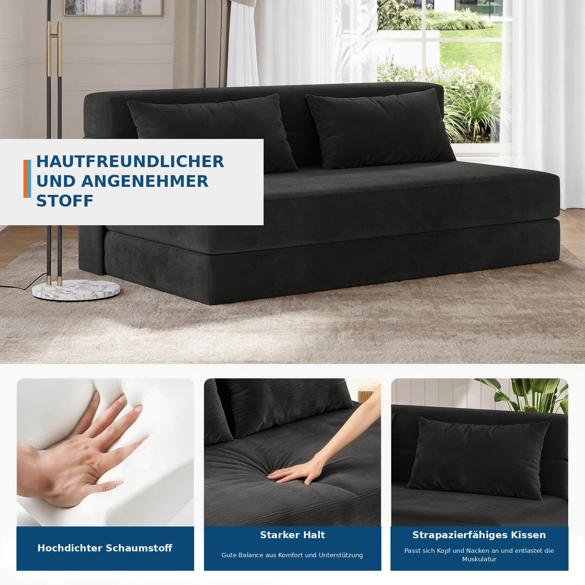 Garvee Schlafsofa aus Leinenstoff in Schwarz, ca. 203 cm, Klein, klappbar, für Wohnzimmer und Schlafzimmer