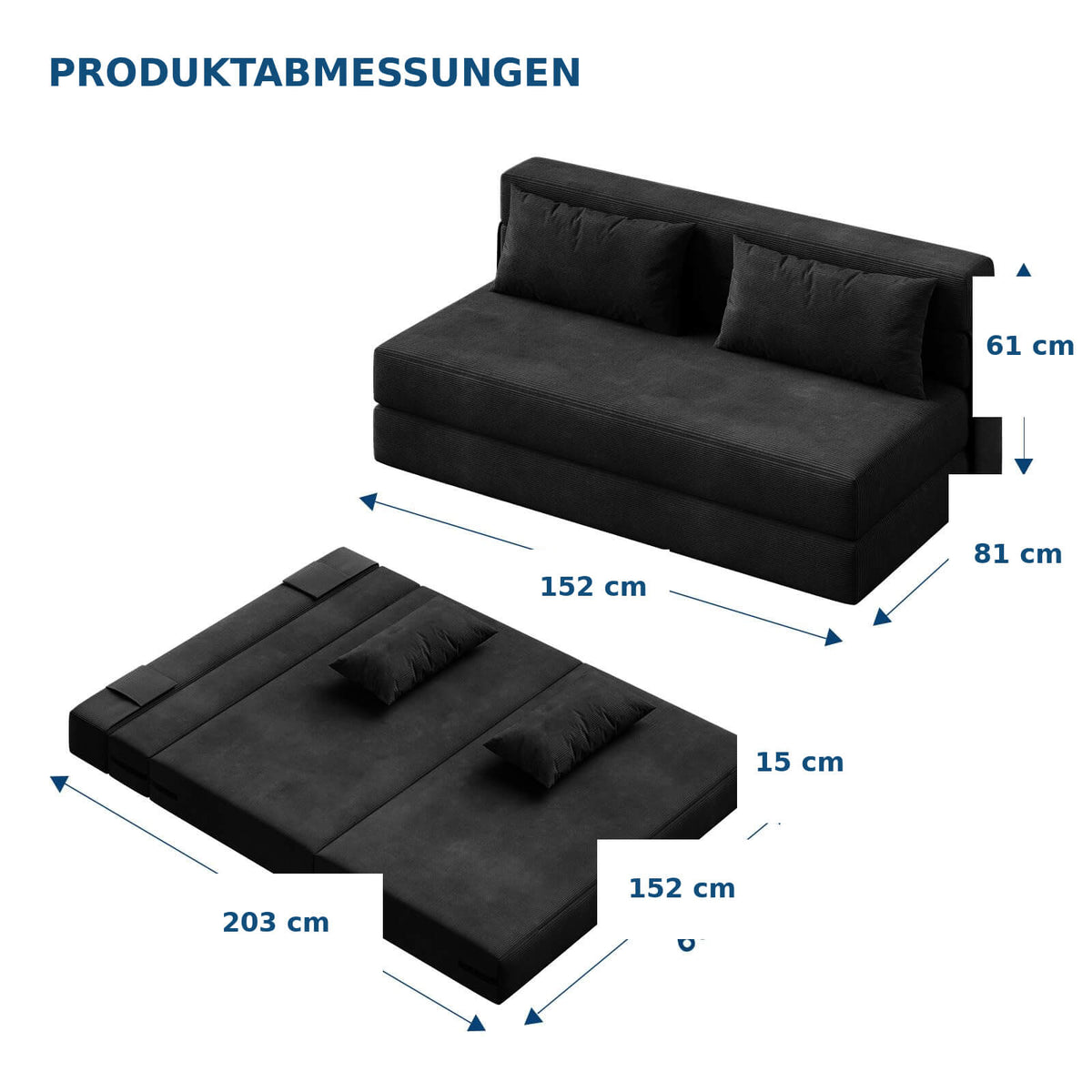 Garvee Schlafsofa aus Leinenstoff in Schwarz, ca. 203 cm, Klein, klappbar, für Wohnzimmer und Schlafzimmer