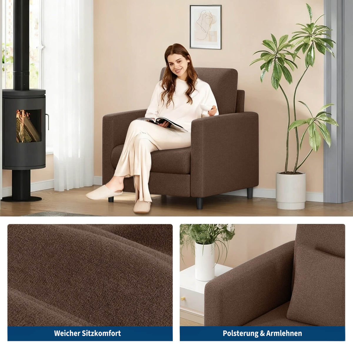 GARVEE 1-Sitzer Sofa aus Teddystoff, modular mit Sitz- & Liegefunktion, Federpolsterung, 86 cm, Braun