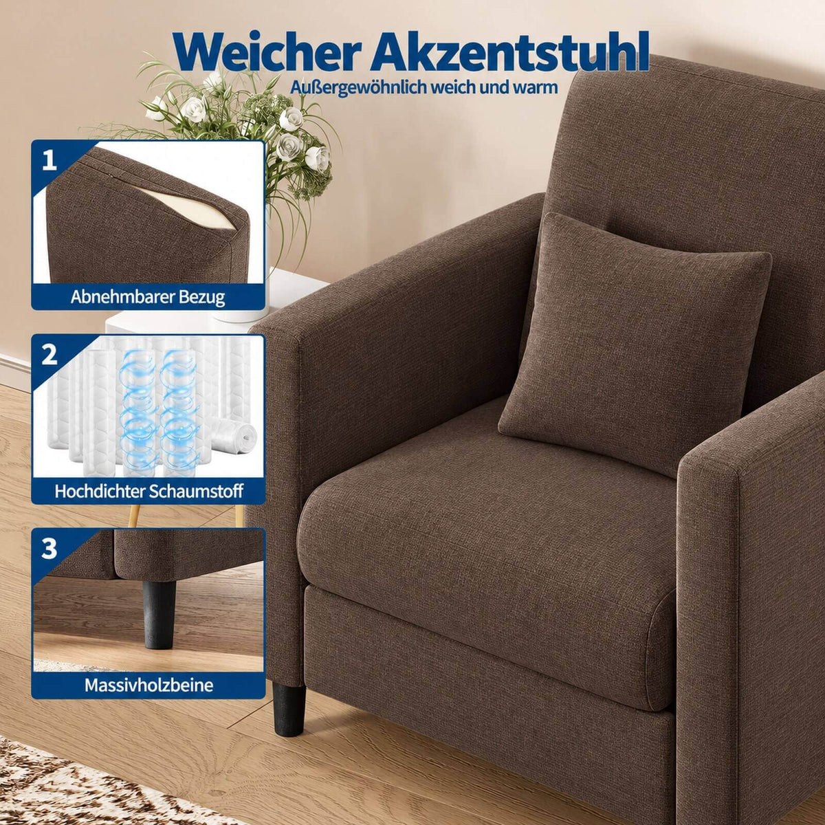 GARVEE 1-Sitzer Sofa aus Teddystoff, modular mit Sitz- & Liegefunktion, Federpolsterung, 86 cm, Braun