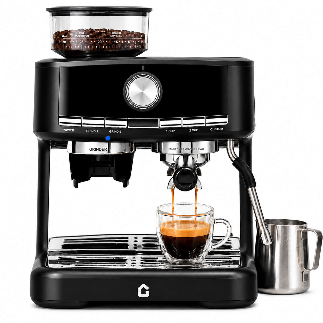 Garvee 20-Bar Siebträgermaschine mit Mahlwerk & Milchaufschäumer, 30 Mahlgrade, 58-mm-Siebträger, 1550 W, 1,5-L-Wassertank, für Espresso, Cappuccino & Latte Macchiato