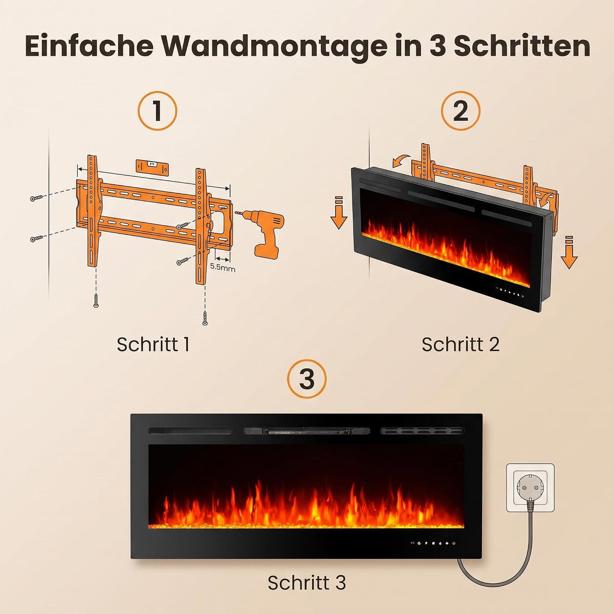 Garvee 102cm Elektrokamin mit Heizung, 750W/1800W, 12 Flammenfarben, Fernbedienung & App, Wand-/Einbau-/Standkamin, Schwarz