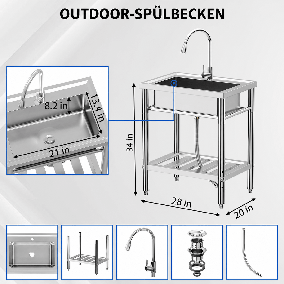 Garvee Spültisch Spülbecken Edelstahl (71 × 51 × 86 cm), Einzelbecken mit ausziehbarer 360°-Armatur & Unterablage, freistehende Küchenspüle für Restaurant, Garage und Waschküche