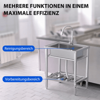 Garvee Spültisch Spülbecken Edelstahl (71 × 51 × 86 cm), Einzelbecken mit ausziehbarer 360°-Armatur & Unterablage, freistehende Küchenspüle für Restaurant, Garage und Waschküche