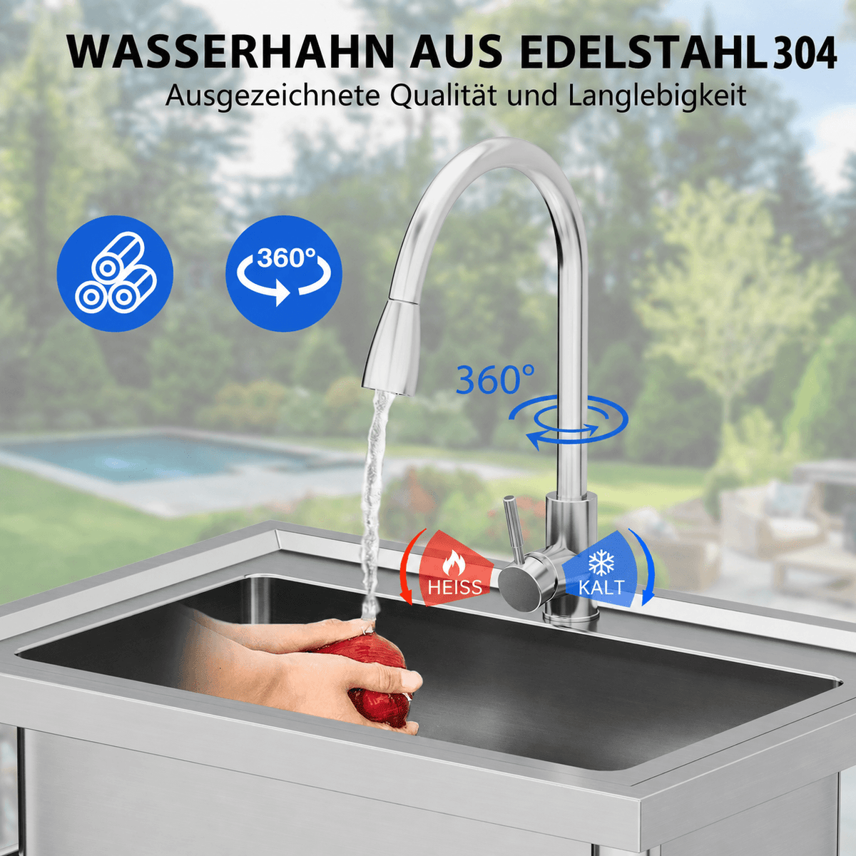 Garvee Spültisch Spülbecken Edelstahl (71 × 51 × 86 cm), Einzelbecken mit ausziehbarer 360°-Armatur & Unterablage, freistehende Küchenspüle für Restaurant, Garage und Waschküche
