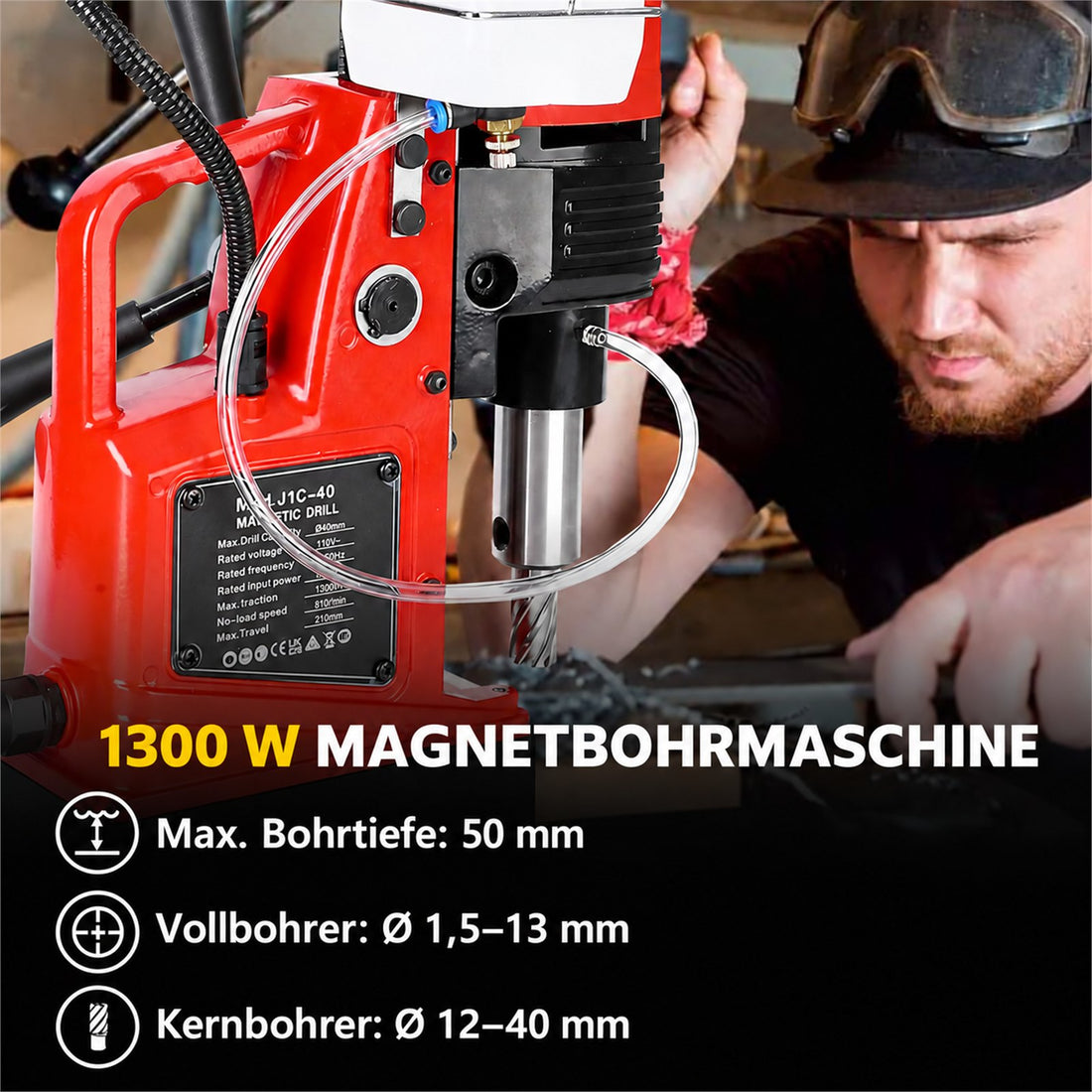 Garvee Magnetbohrmaschine mit 1300 W im Einsatz; maximale Bohrtiefe 50 mm, Vollbohrer 1,5–13 mm und Kernbohrer 12–40 mm