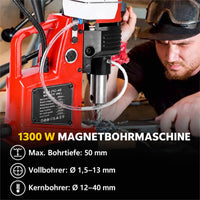 Garvee Magnetbohrmaschine mit 1300 W im Einsatz; maximale Bohrtiefe 50 mm, Vollbohrer 1,5–13 mm und Kernbohrer 12–40 mm
