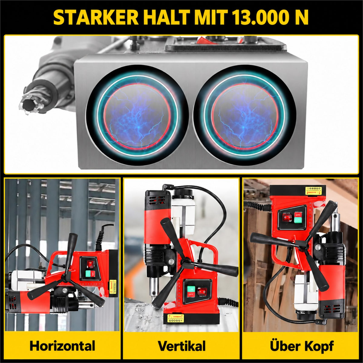 Magnetbohrmaschine mit 13.000 N Haltekraft für horizontales, vertikales und Überkopfbohren