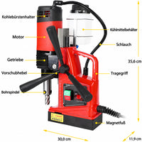 Bauteile der Garvee Magnetbohrmaschine mit Magnetfuß, Vorschubhebel und Kühlmittelbehälter; Maße 35,6 × 30,0 × 11,9 cm