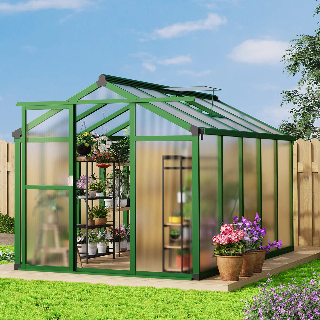 Garvee Aluminium-Gewächshaus 302 × 180 × 192 cm, mit 720 g/m² Polycarbonatplatten, Schiebetür, Dachfenster, Regenrinnen, 4 Bodenankern & Aluminiumstütze, Grün