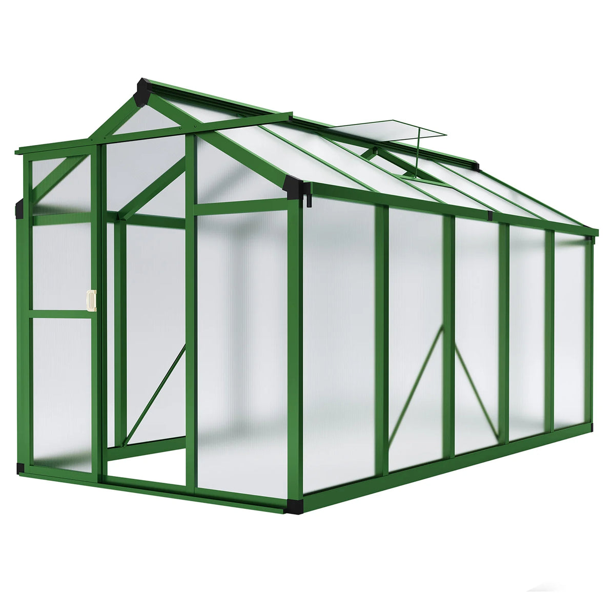 Garvee Aluminium-Gewächshaus 302 × 180 × 192 cm, mit 720 g/m² Polycarbonatplatten, Schiebetür, Dachfenster, Regenrinnen, 4 Bodenankern & Aluminiumstütze, Grün
