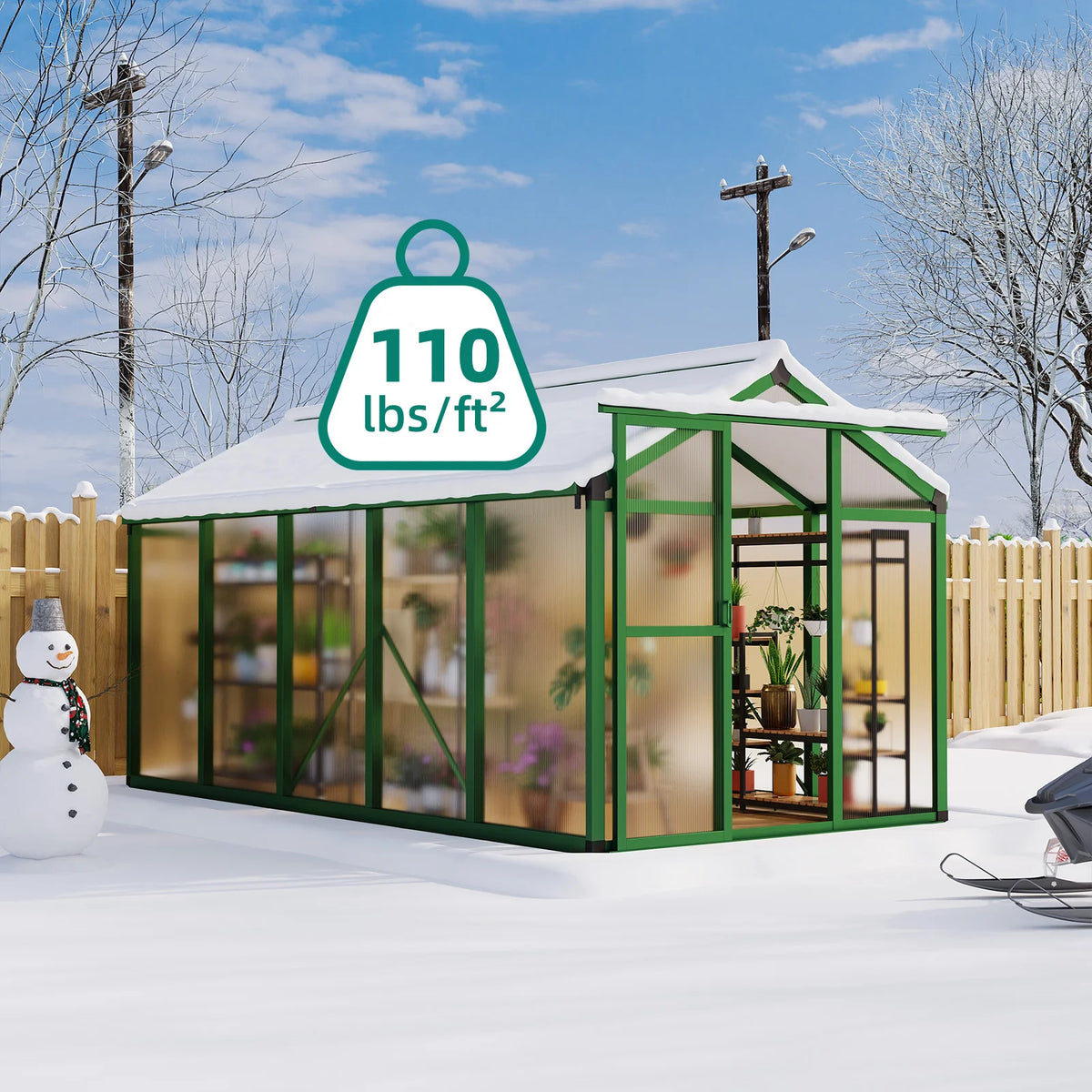 Garvee Aluminium-Gewächshaus 302 × 180 × 192 cm, mit 720 g/m² Polycarbonatplatten, Schiebetür, Dachfenster, Regenrinnen, 4 Bodenankern & Aluminiumstütze, Grün