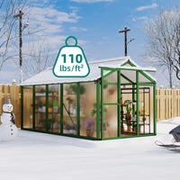 Garvee Aluminium-Gewächshaus 302 × 180 × 192 cm, mit 720 g/m² Polycarbonatplatten, Schiebetür, Dachfenster, Regenrinnen, 4 Bodenankern & Aluminiumstütze, Grün