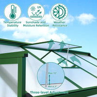 Garvee Aluminium-Gewächshaus 302 × 180 × 192 cm, mit 720 g/m² Polycarbonatplatten, Schiebetür, Dachfenster, Regenrinnen, 4 Bodenankern & Aluminiumstütze, Grün