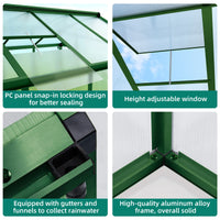 Garvee Aluminium-Gewächshaus 302 × 180 × 192 cm, mit 720 g/m² Polycarbonatplatten, Schiebetür, Dachfenster, Regenrinnen, 4 Bodenankern & Aluminiumstütze, Grün