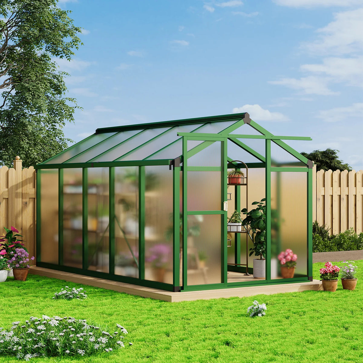 Garvee Aluminium-Gewächshaus 302 × 180 × 192 cm, mit 720 g/m² Polycarbonatplatten, Schiebetür, Dachfenster, Regenrinnen, 4 Bodenankern & Aluminiumstütze, Grün