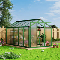 Garvee Aluminium-Gewächshaus 302 × 180 × 192 cm, mit 720 g/m² Polycarbonatplatten, Schiebetür, Dachfenster, Regenrinnen, 4 Bodenankern & Aluminiumstütze, Grün