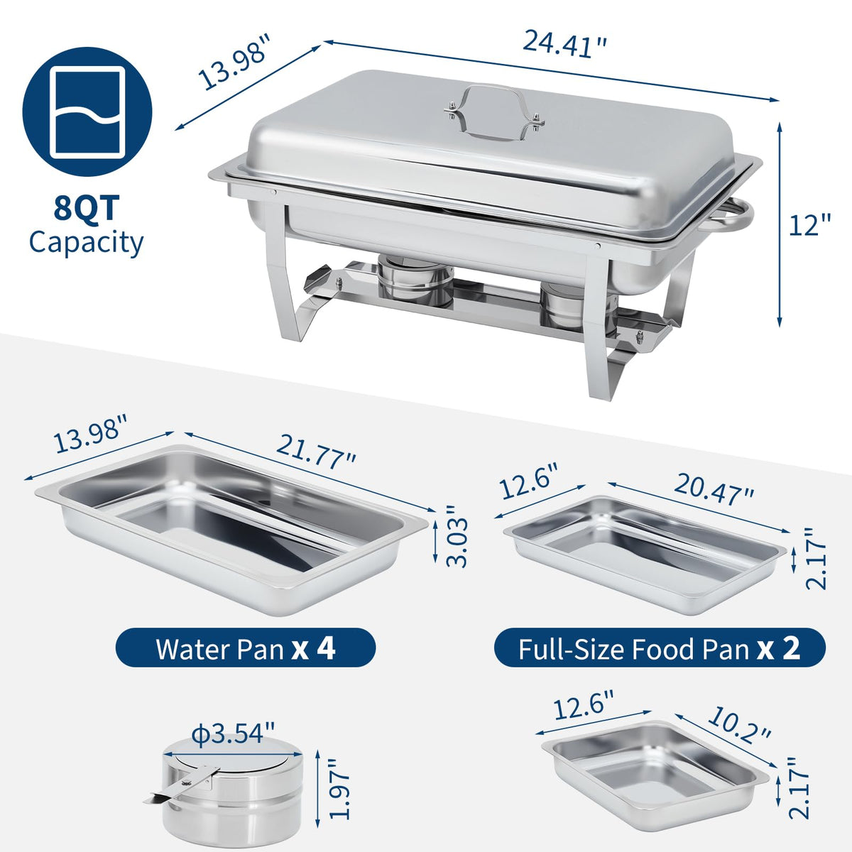 Garvee Chafing Dish 4er-Set 7,6 L aus Edelstahl, rechteckig mit klappbarem Gestell, Buffet-Speisenwärmer für Catering und Hochzeiten, Silber
