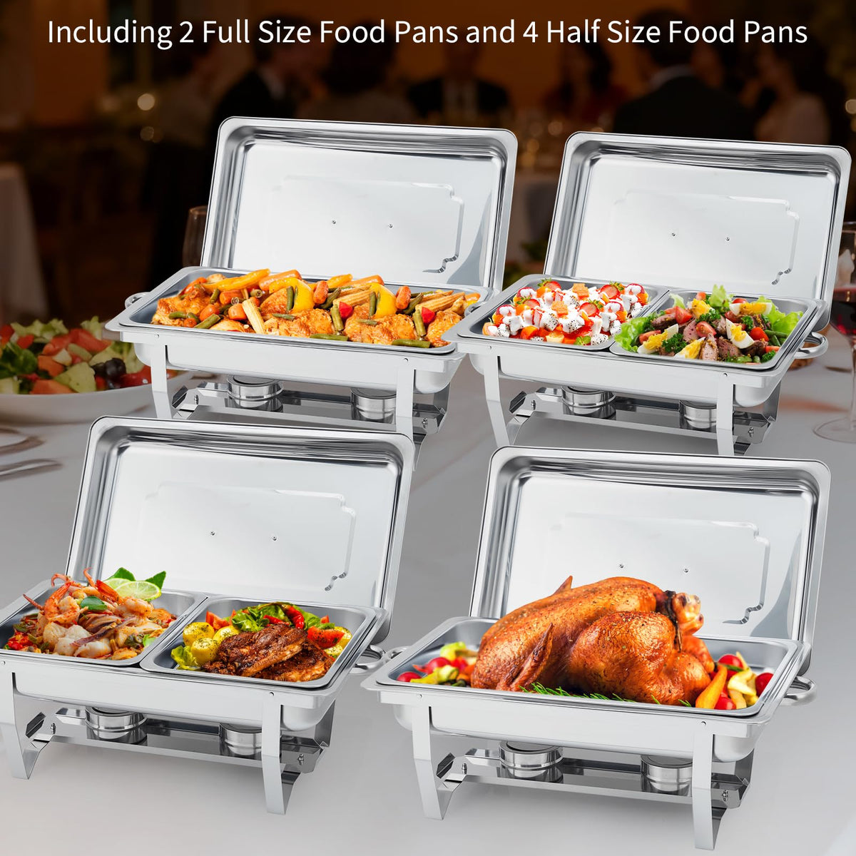 Garvee Chafing Dish 4er-Set 7,6 L aus Edelstahl, rechteckig mit klappbarem Gestell, Buffet-Speisenwärmer für Catering und Hochzeiten, Silber