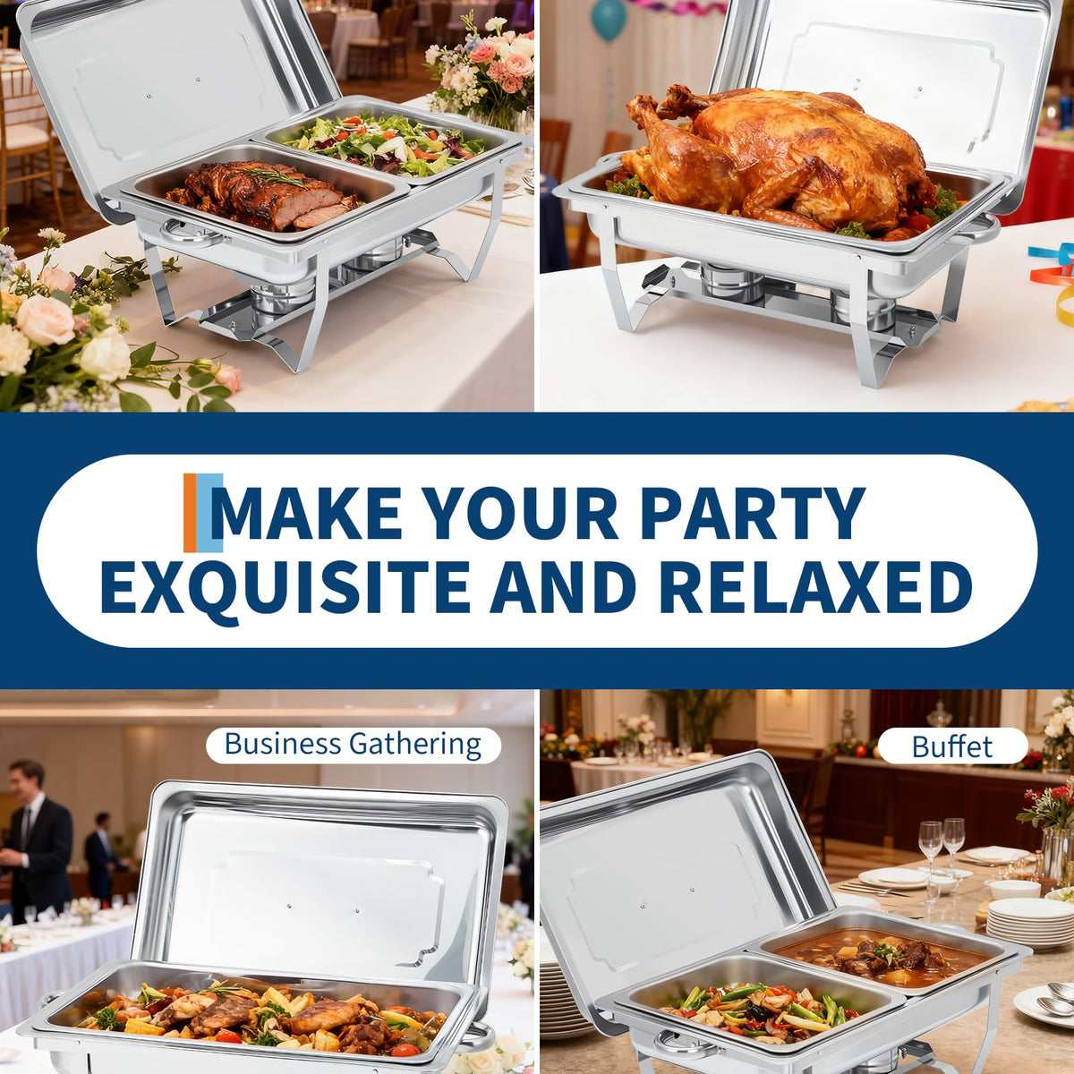 Garvee Chafing Dish 4er-Set 7,6 L aus Edelstahl, rechteckig mit klappbarem Gestell, Buffet-Speisenwärmer für Catering und Hochzeiten, Silber