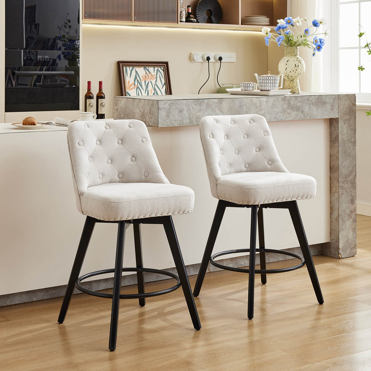 Garvee Barhocker 2er-Set, 66 cm, 360° drehbar, mit Rückenlehne, gepolstert, Leinen & Holz, Industrie-Stil, Beige