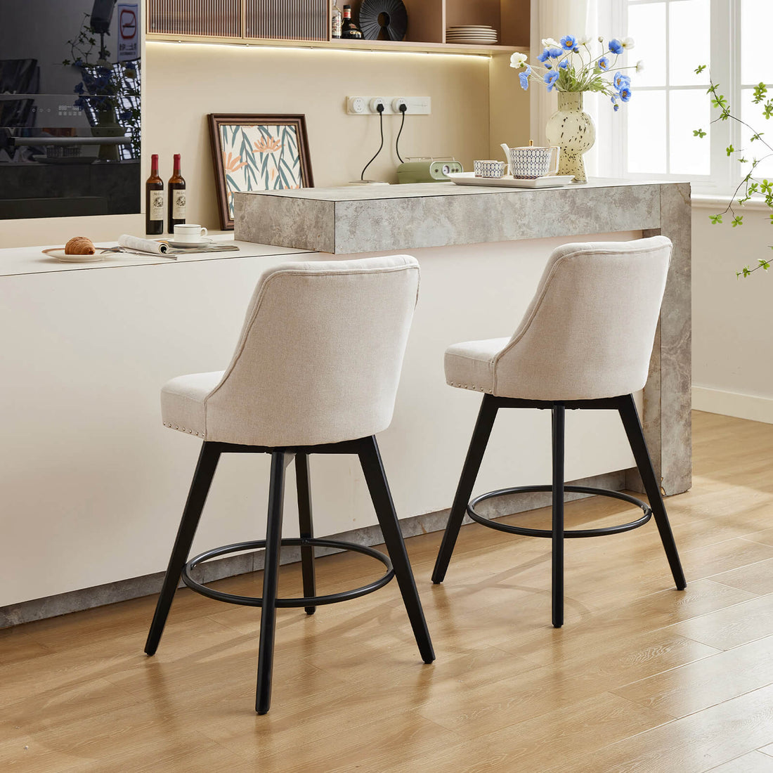 Garvee Barhocker 2er-Set, 66 cm, 360° drehbar, mit Rückenlehne, gepolstert, Leinen & Holz, Industrie-Stil, Beige