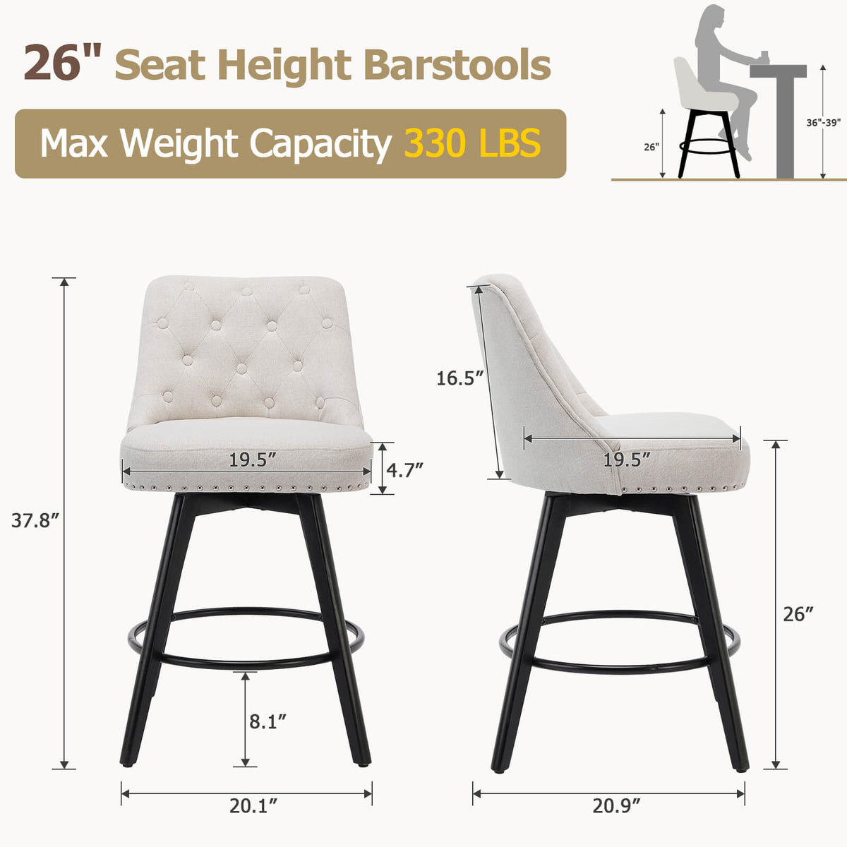 Garvee Barhocker 2er-Set, 66 cm, 360° drehbar, mit Rückenlehne, gepolstert, Leinen & Holz, Industrie-Stil, Beige