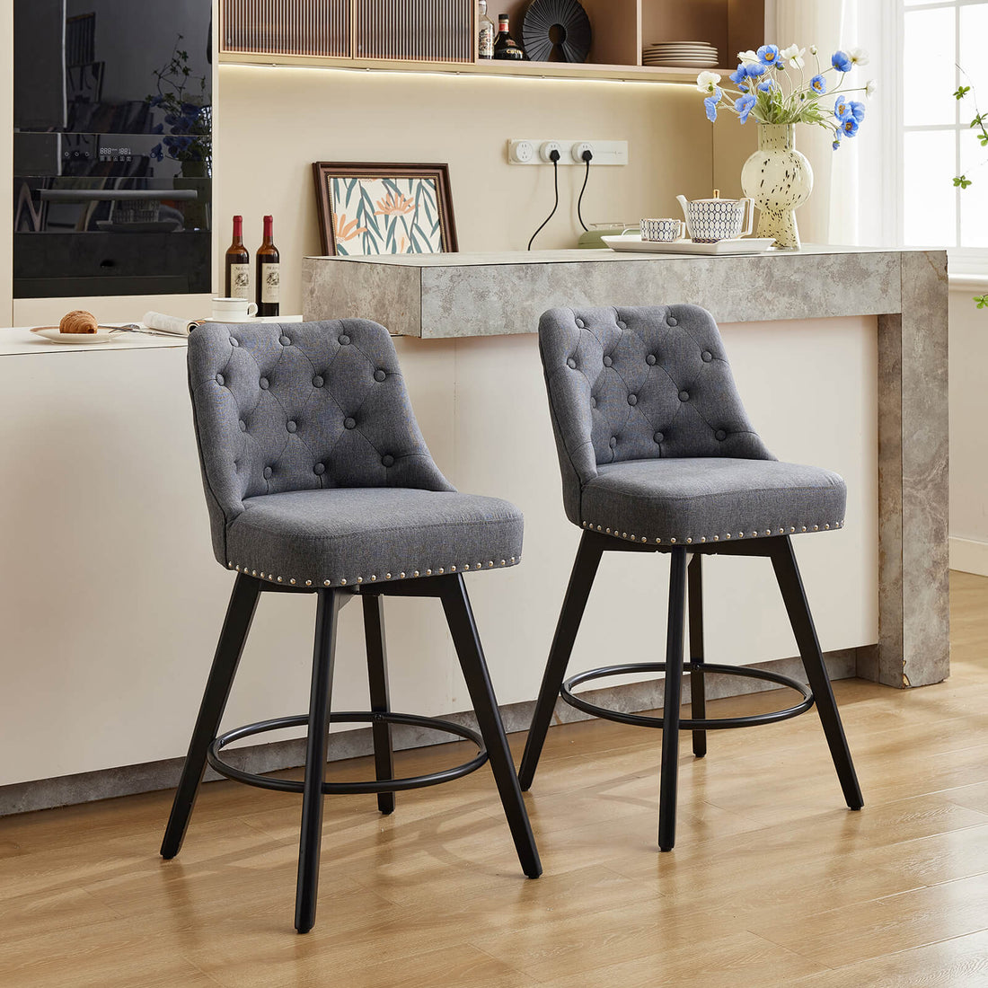 Garvee Barhocker 2er-Set, 66 cm, 360° drehbar, mit Rückenlehne, gepolstert, Leinen, Industrie-Stil, Grau