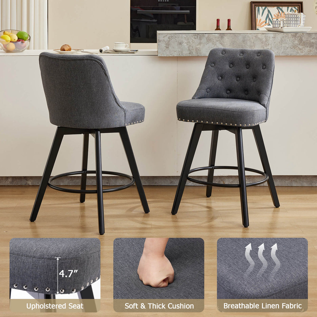 Garvee Barhocker 2er-Set, 66 cm, 360° drehbar, mit Rückenlehne, gepolstert, Leinen, Industrie-Stil, Grau