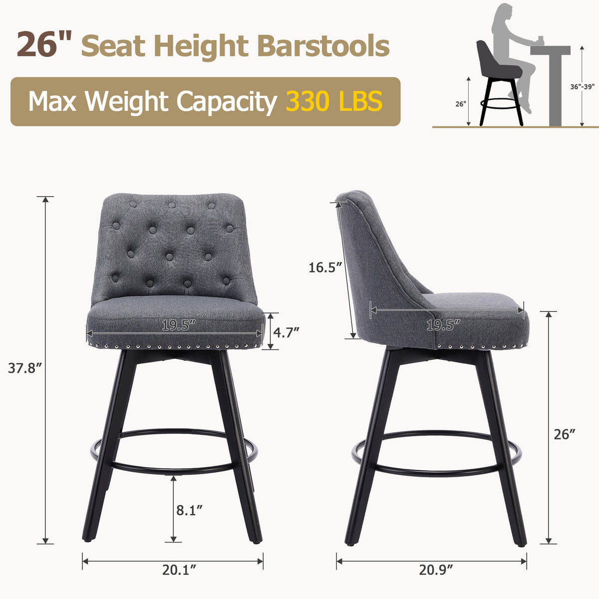 Garvee Barhocker 2er-Set, 66 cm, 360° drehbar, mit Rückenlehne, gepolstert, Leinen, Industrie-Stil, Grau