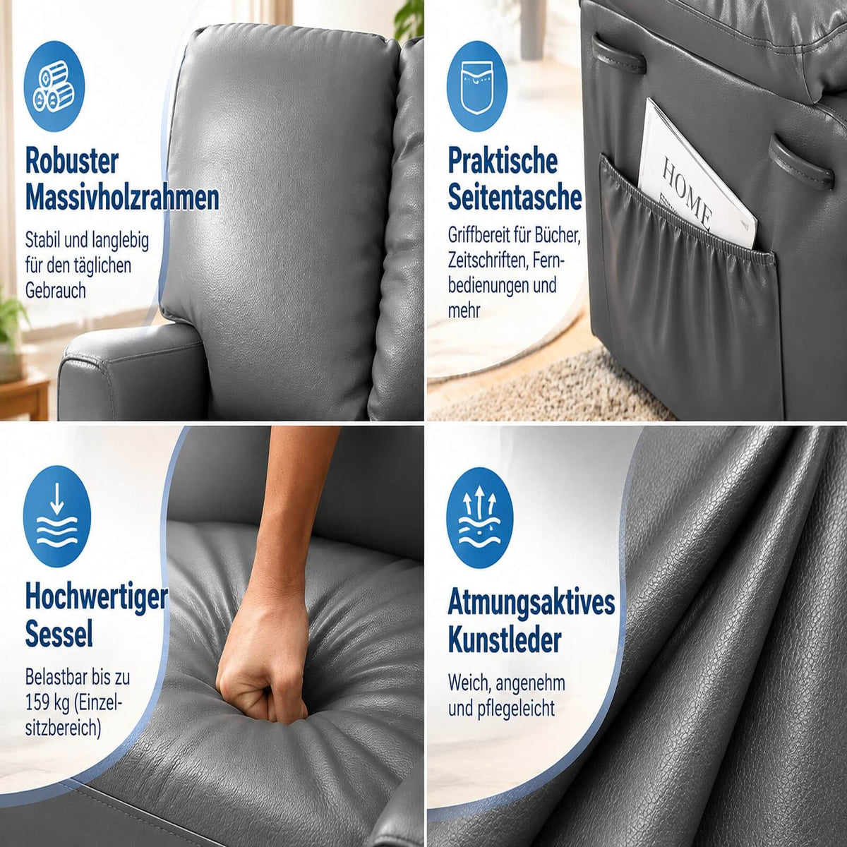 Garvee Elektrischer Aufstehsessel für Senioren mit 8-Punkt-Massage, Wärmefunktion, 3 Positionen, USB, Getränkehalter, PU-Leder, Grau