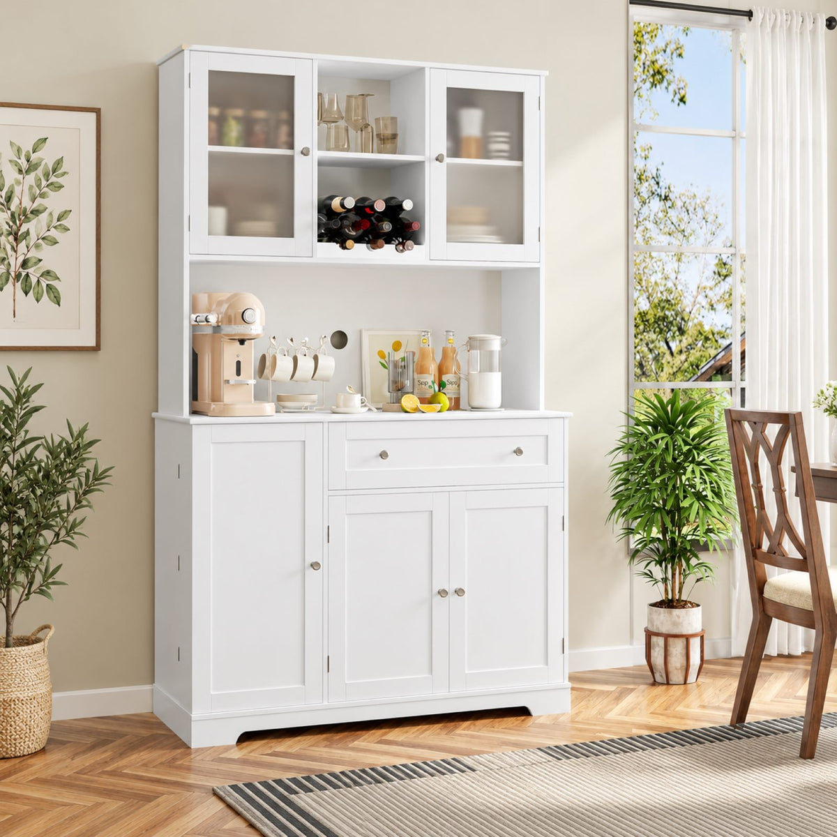 Garvee Küchenbuffet 180,3 cm, Küchenschrank und Vorratsschrank mit Arbeitsplatte, Schublade, Weinregal, Acryl-Türen und viel Stauraum, Landhausstil, Weiß