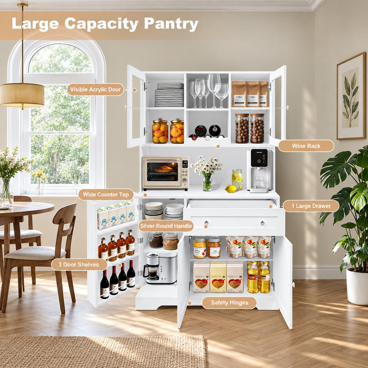 Garvee Küchenbuffet 180,3 cm, Küchenschrank und Vorratsschrank mit Arbeitsplatte, Schublade, Weinregal, Acryl-Türen und viel Stauraum, Landhausstil, Weiß